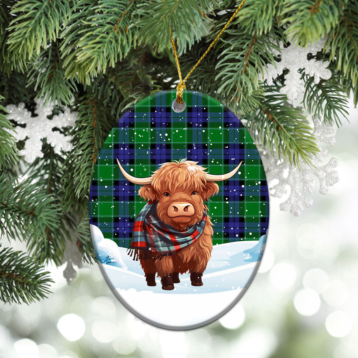 Graham of Menteith Modern Tartan Christmas Ceramic Ornament - Highland Cows Snow Style