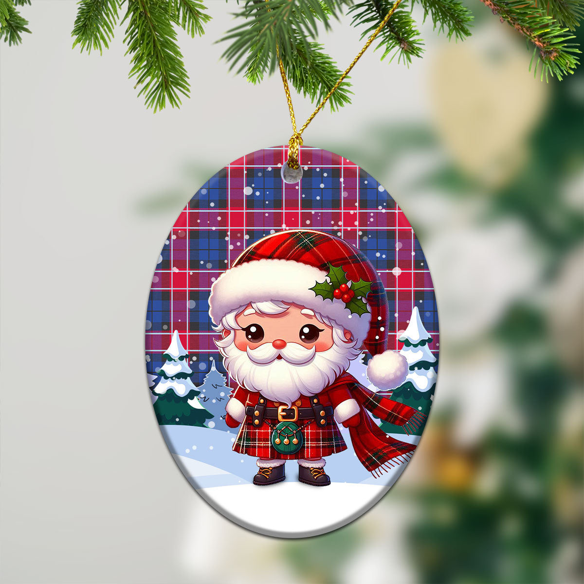 Graham of Menteith Red Tartan Christmas Ceramic Ornament - Santa Claus In Kilt Style