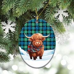 Gunn Ancient Tartan Christmas Ceramic Ornament - Highland Cows Snow Style