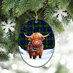 Gunn Modern Tartan Christmas Ceramic Ornament - Highland Cows Snow Style