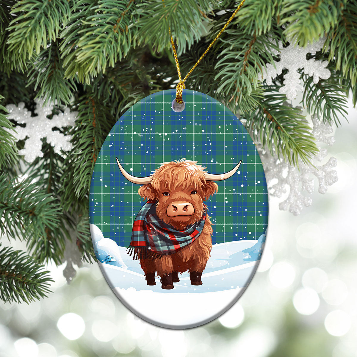 Hamilton Hunting Ancient Tartan Christmas Ceramic Ornament - Highland Cows Snow Style