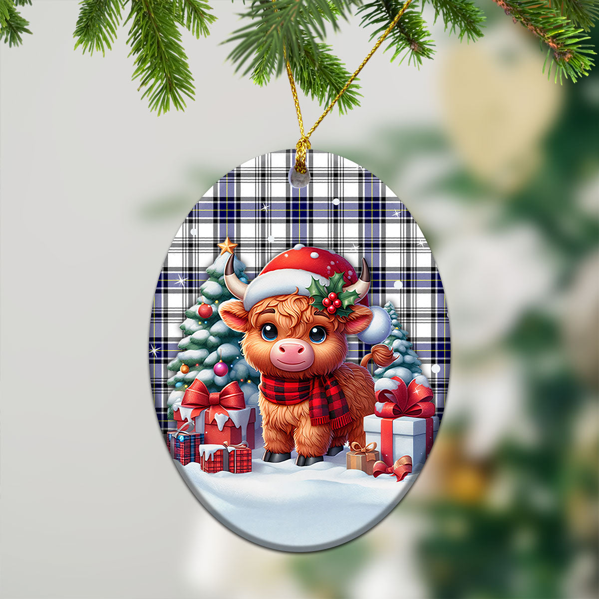 Hannay Modern Tartan Christmas Ceramic Ornament - Highland Cow Winter Style