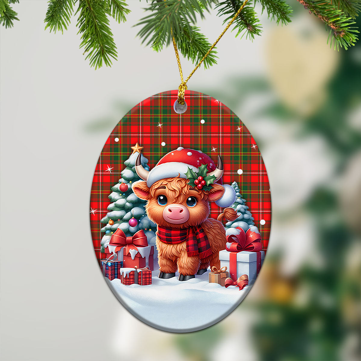 Hay Modern Tartan Christmas Ceramic Ornament - Highland Cow Winter Style