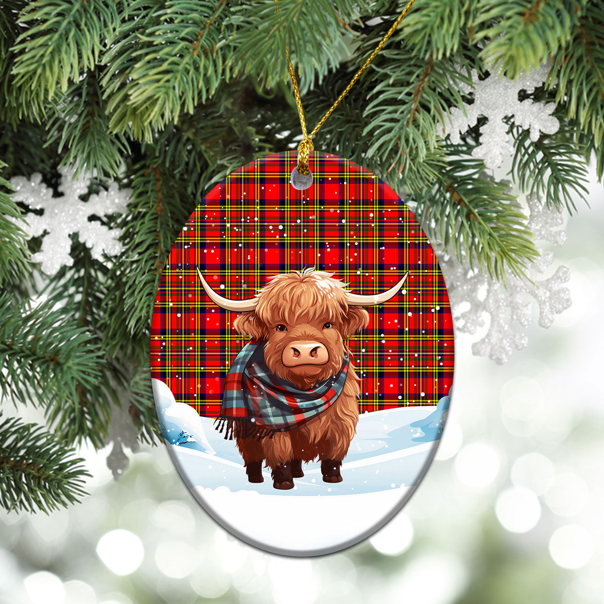 Hepburn Tartan Christmas Ceramic Ornament - Highland Cows Snow Style