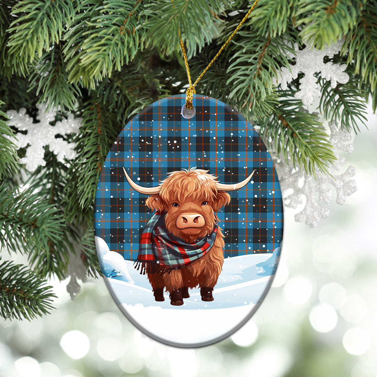 Horsburgh Tartan Christmas Ceramic Ornament - Highland Cows Snow Style