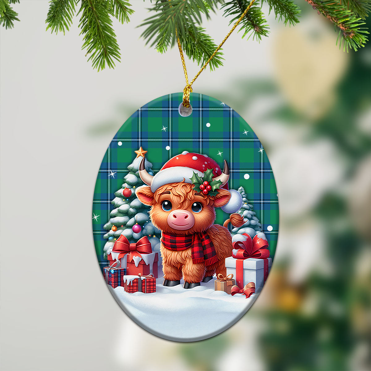 Irvine Ancient Tartan Christmas Ceramic Ornament - Highland Cow Winter Style