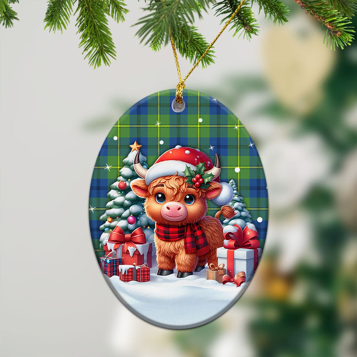 Johnson Ancient Tartan Christmas Ceramic Ornament - Highland Cow Winter Style