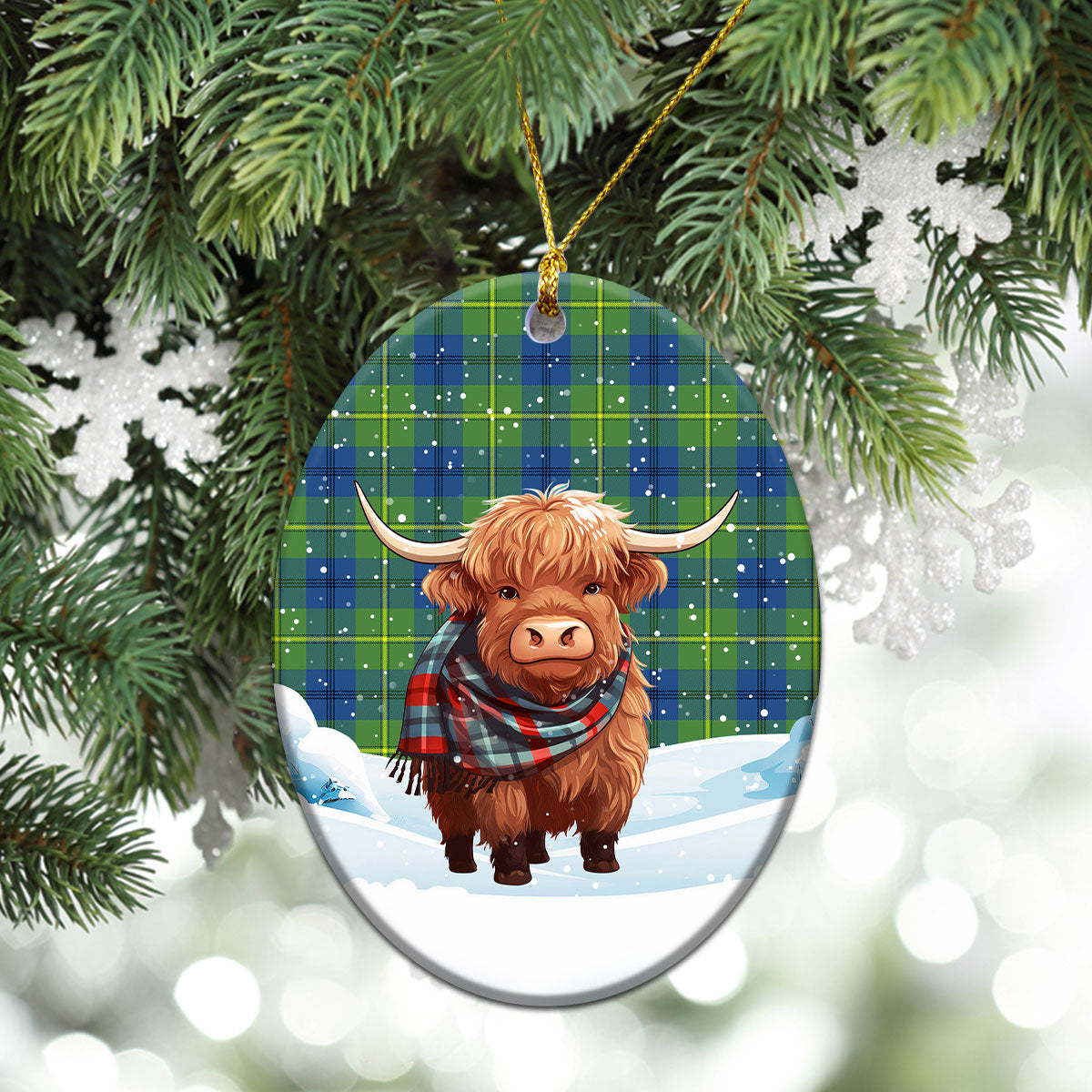 Johnson Ancient Tartan Christmas Ceramic Ornament - Highland Cows Snow Style