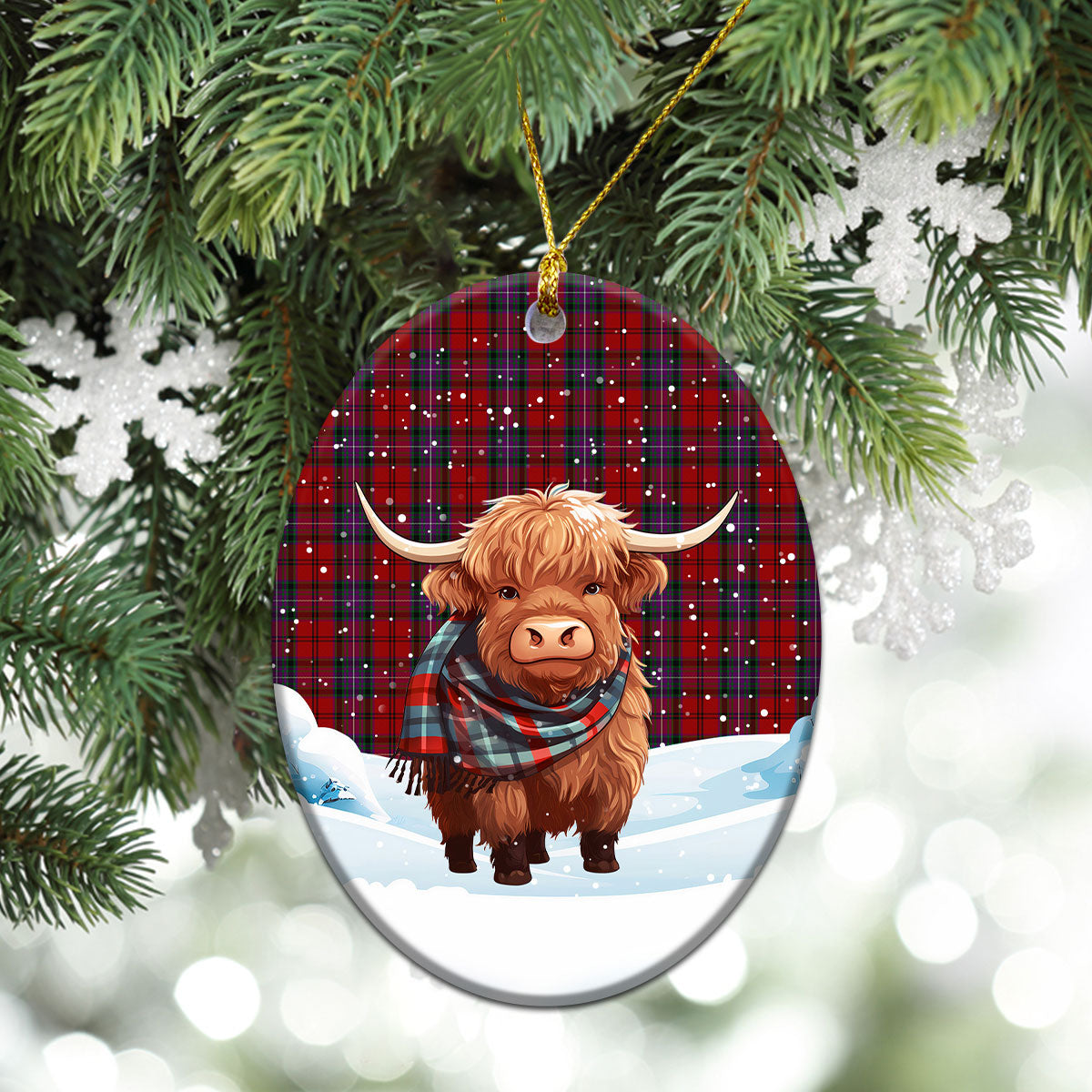 Kelly of Sleat Red Tartan Christmas Ceramic Ornament - Highland Cows Snow Style