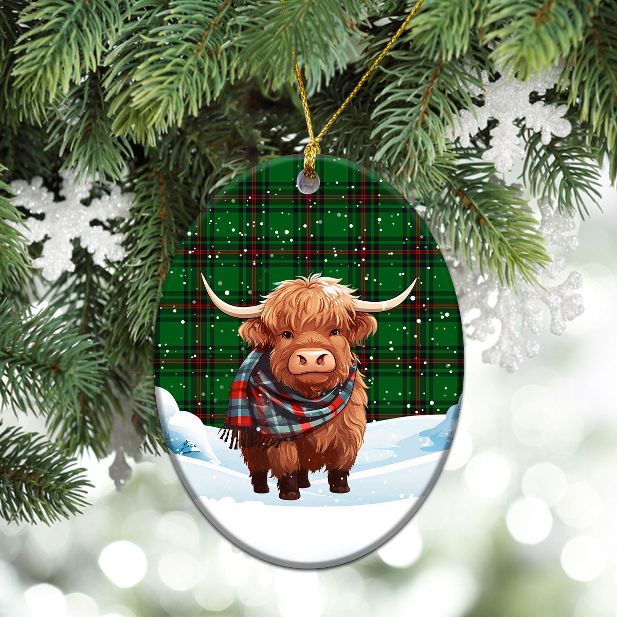 Kinnear Tartan Christmas Ceramic Ornament - Highland Cows Snow Style