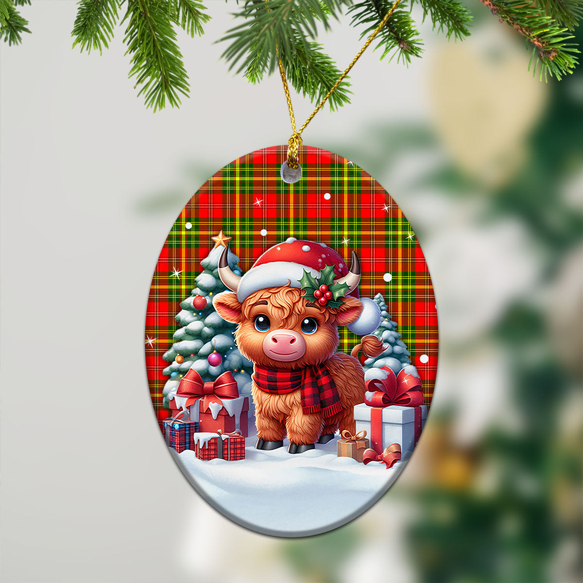 Leask Tartan Christmas Ceramic Ornament - Highland Cow Winter Style