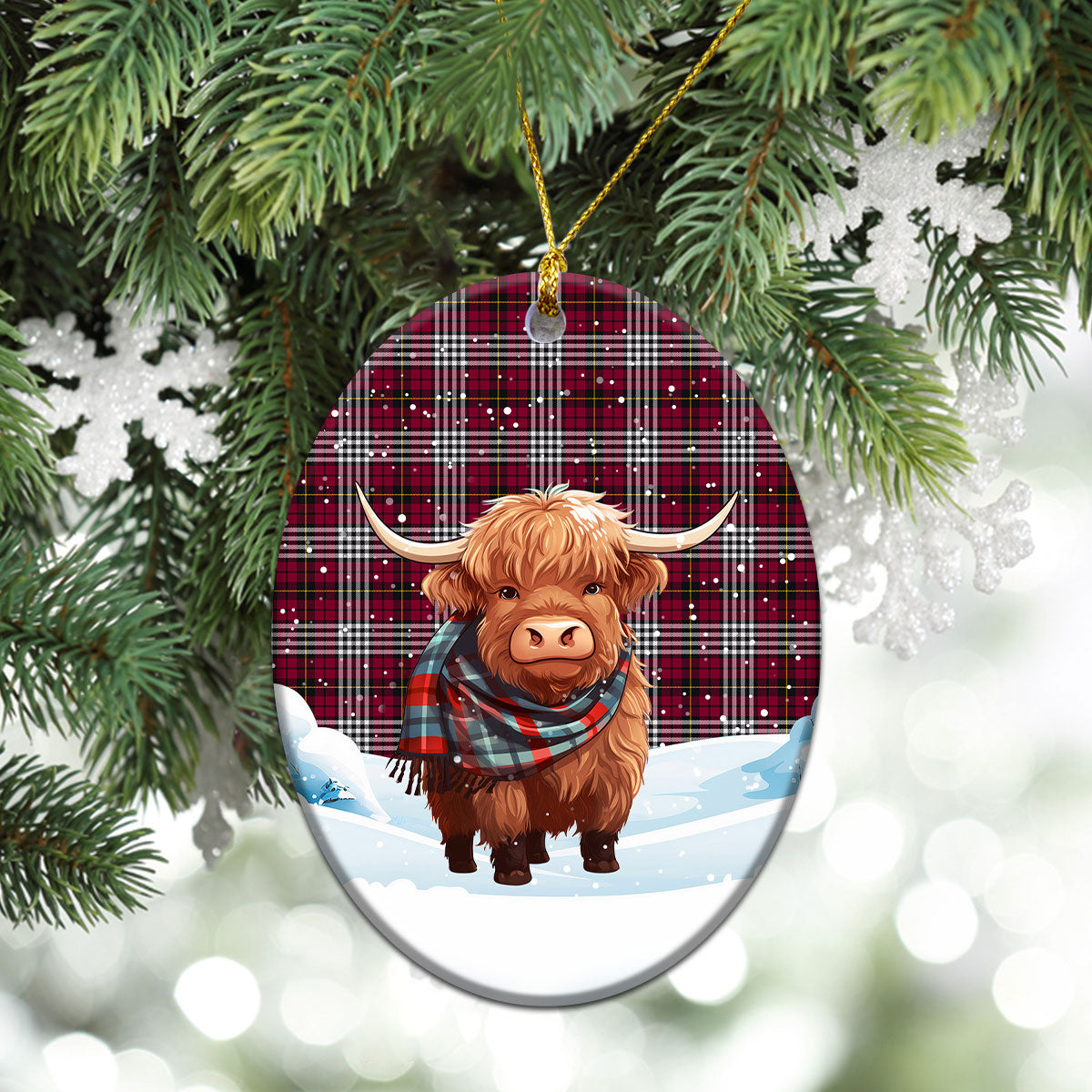 Little Tartan Christmas Ceramic Ornament - Highland Cows Snow Style