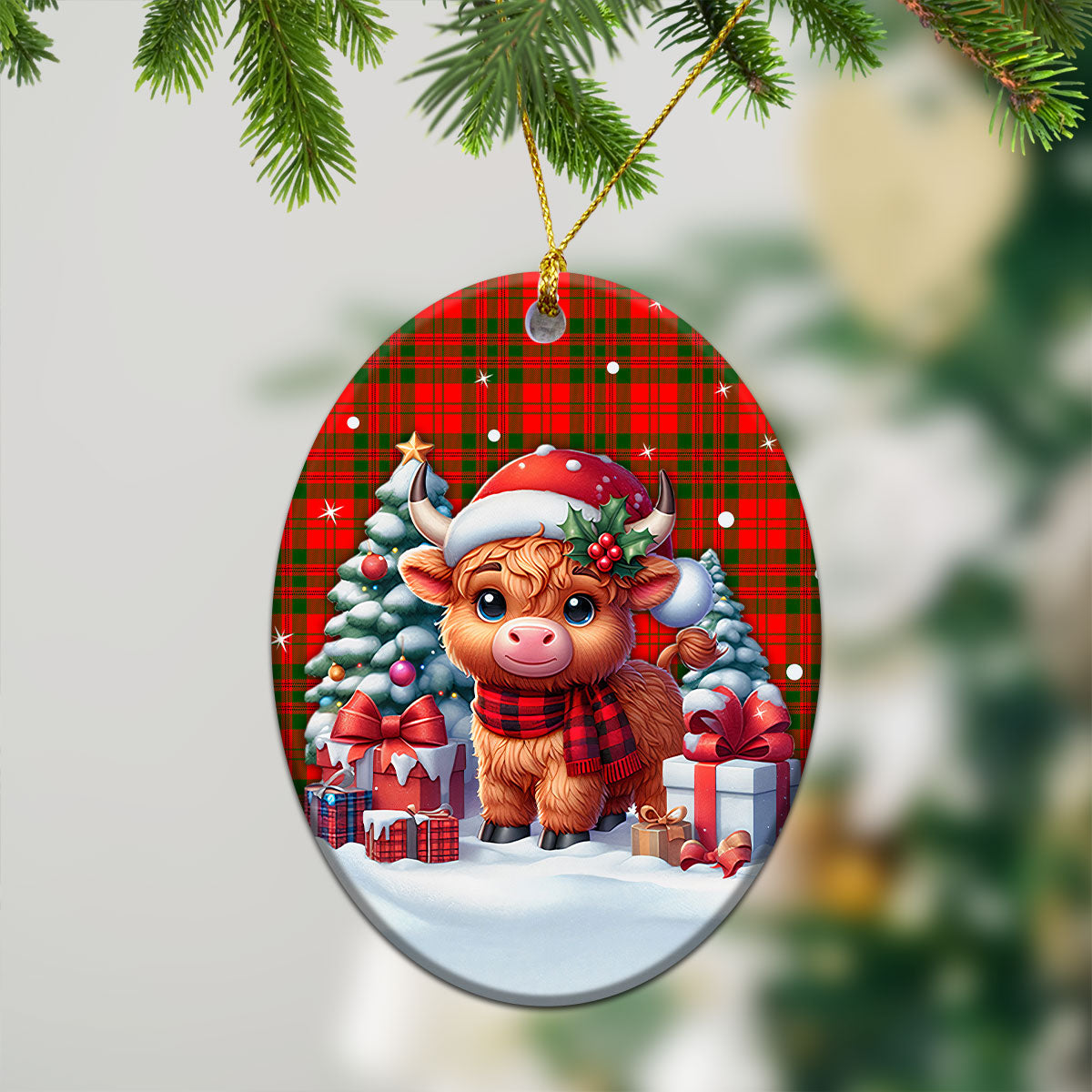 Livingstone Tartan Christmas Ceramic Ornament - Highland Cow Winter Style