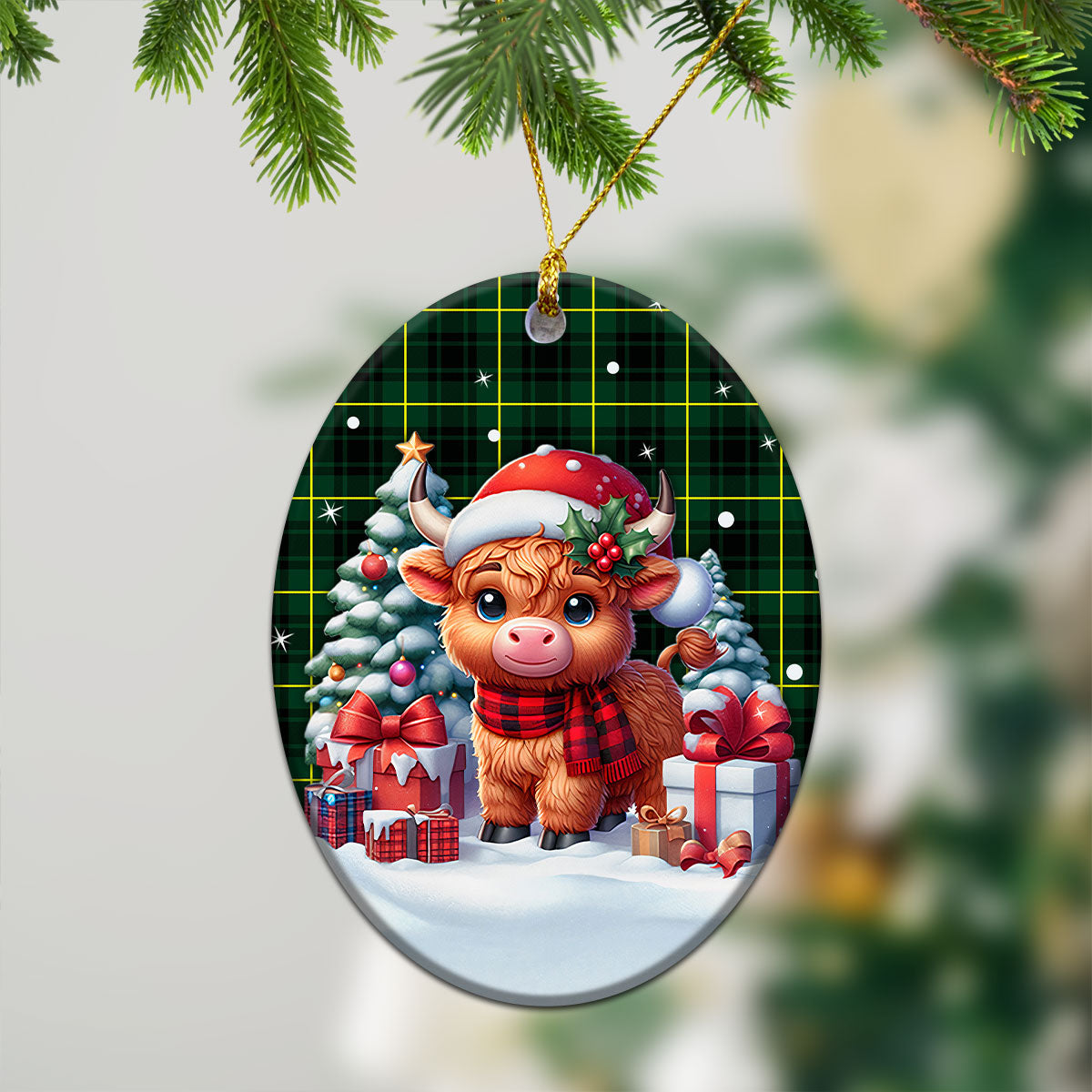 MacArthur Modern Tartan Christmas Ceramic Ornament - Highland Cow Winter Style