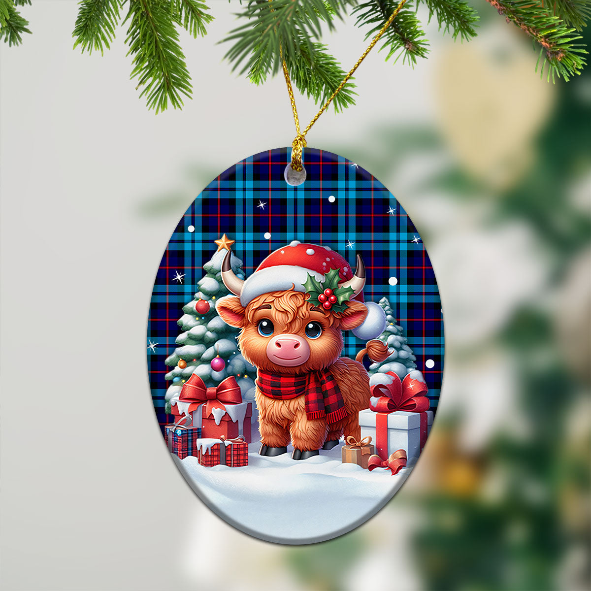 MacCorquodale Tartan Christmas Ceramic Ornament - Highland Cow Winter Style