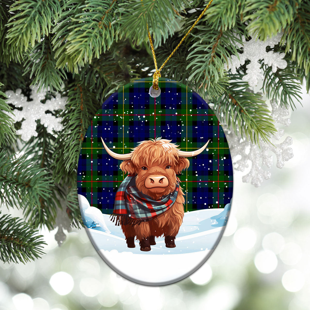 MacEwan Modern Tartan Christmas Ceramic Ornament - Highland Cows Snow Style