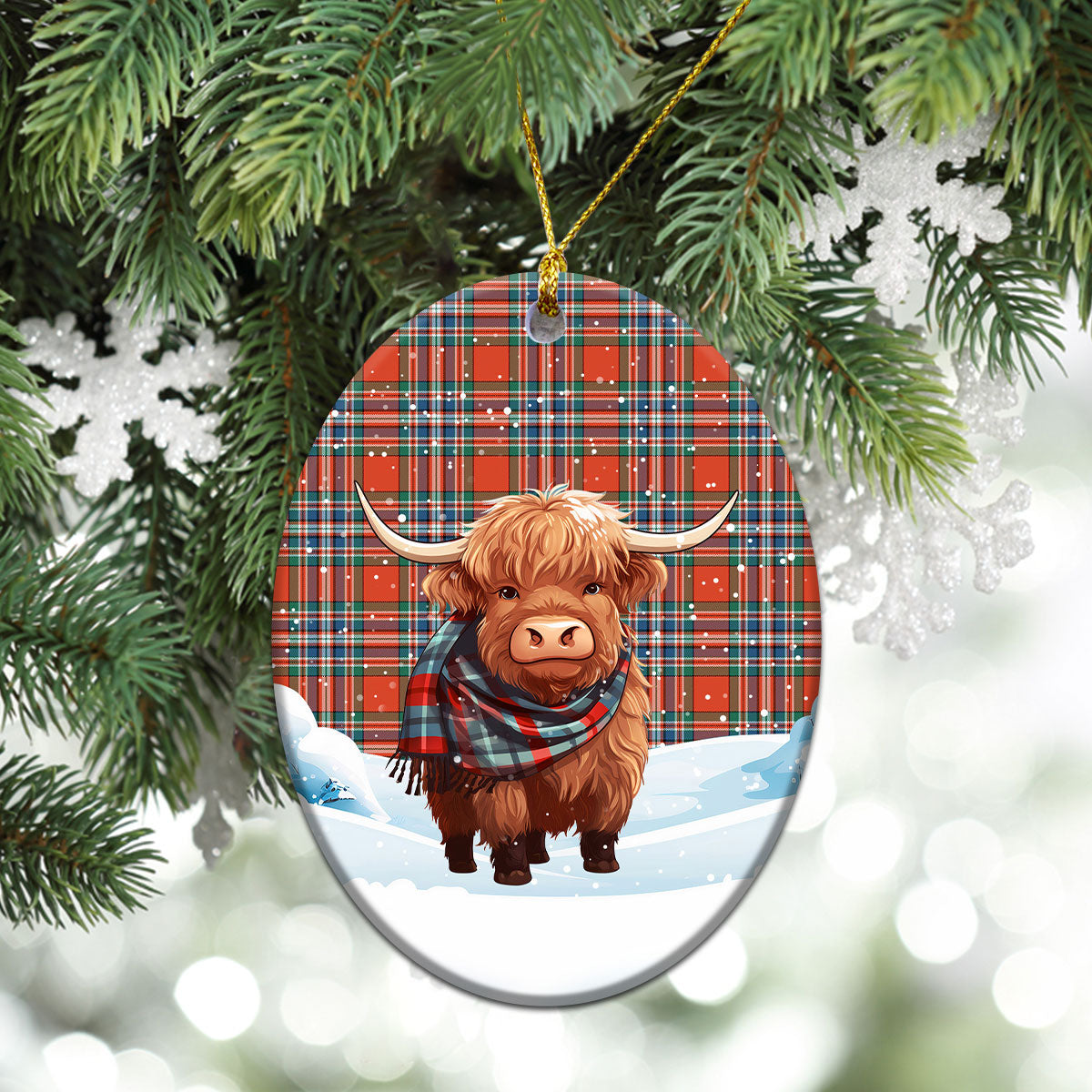 MacFarlane Ancient Tartan Christmas Ceramic Ornament - Highland Cows Snow Style