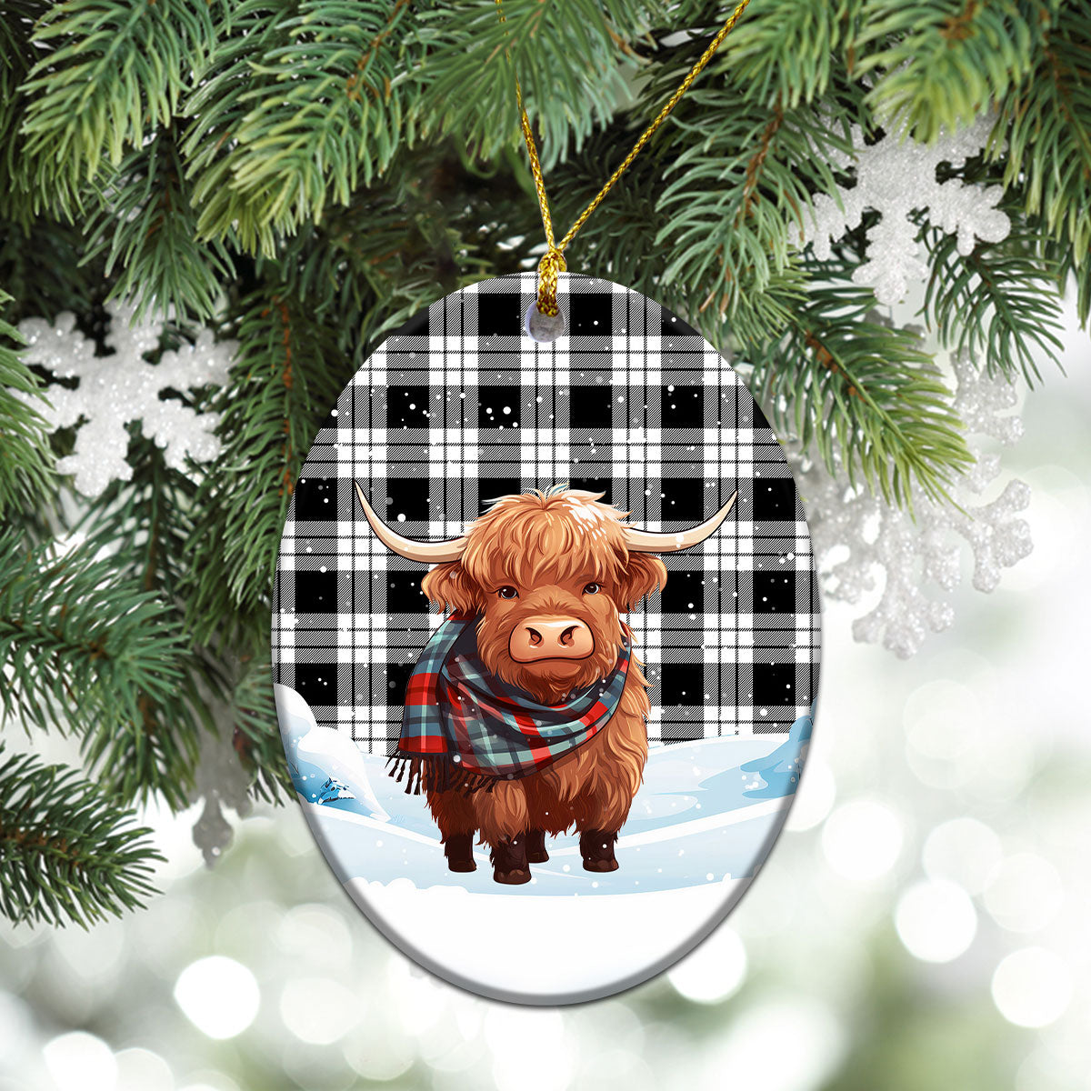 MacFarlane Black _ White Tartan Christmas Ceramic Ornament - Highland Cows Snow Style