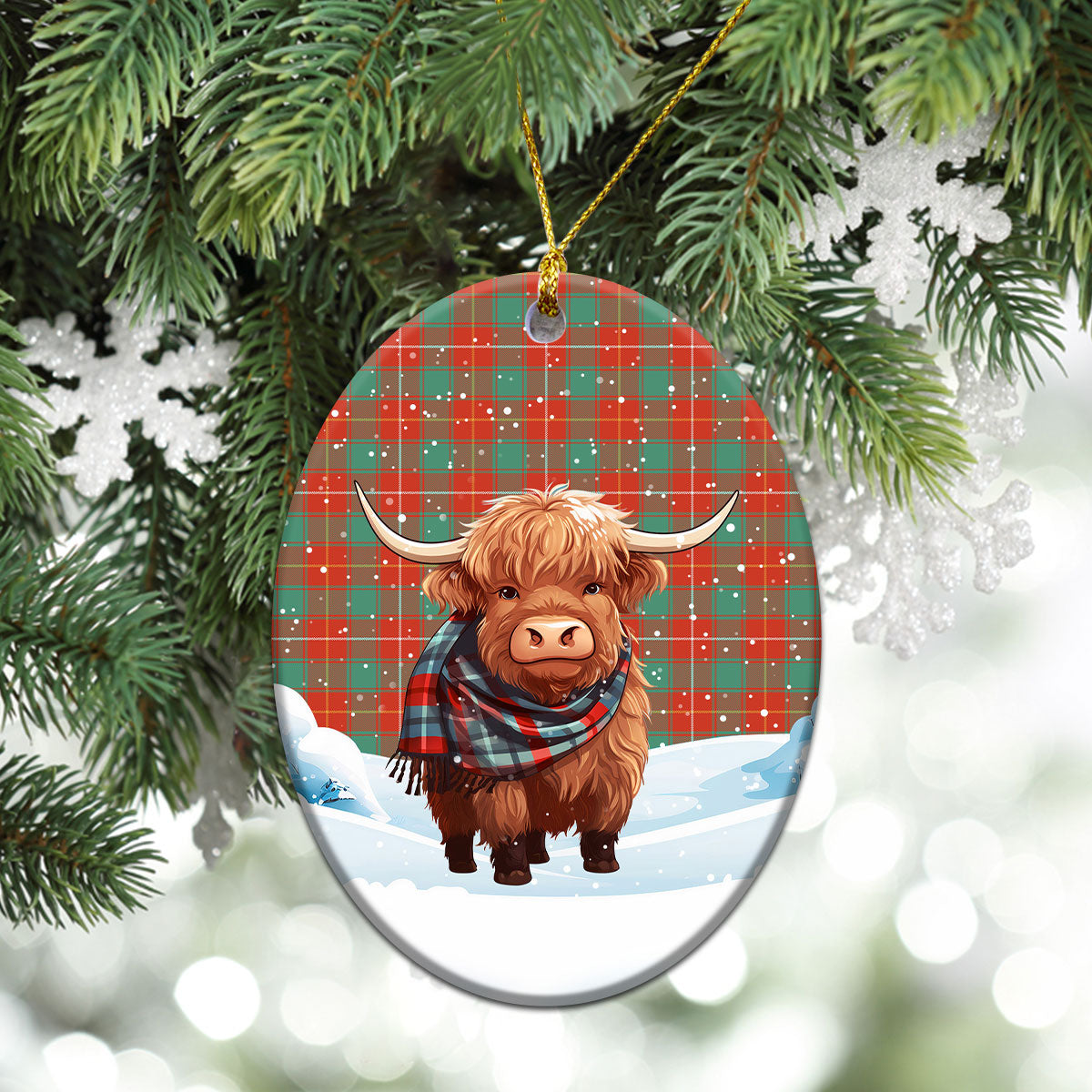 MacFie Ancient Tartan Christmas Ceramic Ornament - Highland Cows Snow Style