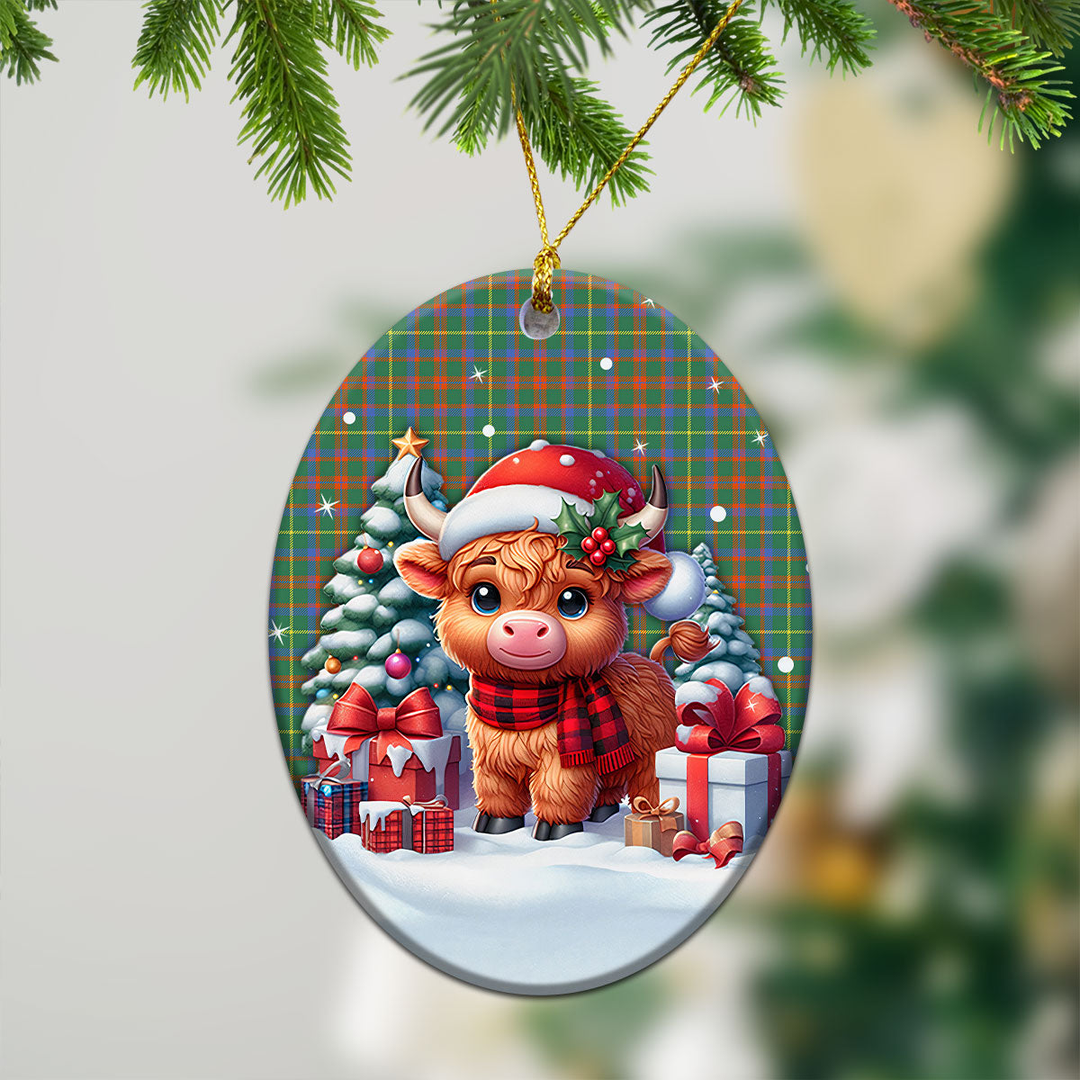 MacIntosh Hunting Ancient Tartan Christmas Ceramic Ornament - Highland Cow Winter Style