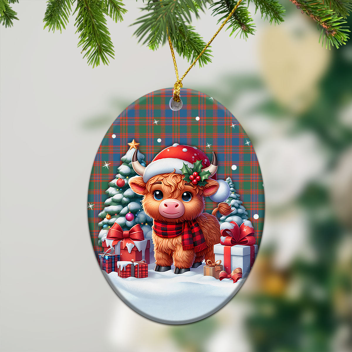 MacIntyre Ancient Tartan Christmas Ceramic Ornament - Highland Cow Winter Style