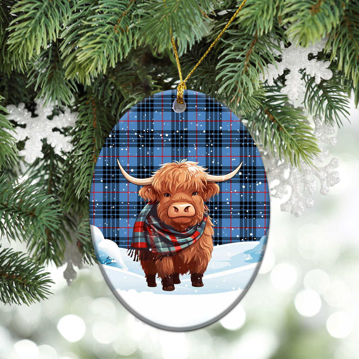 MacKay Blue Tartan Christmas Ceramic Ornament - Highland Cows Snow Style