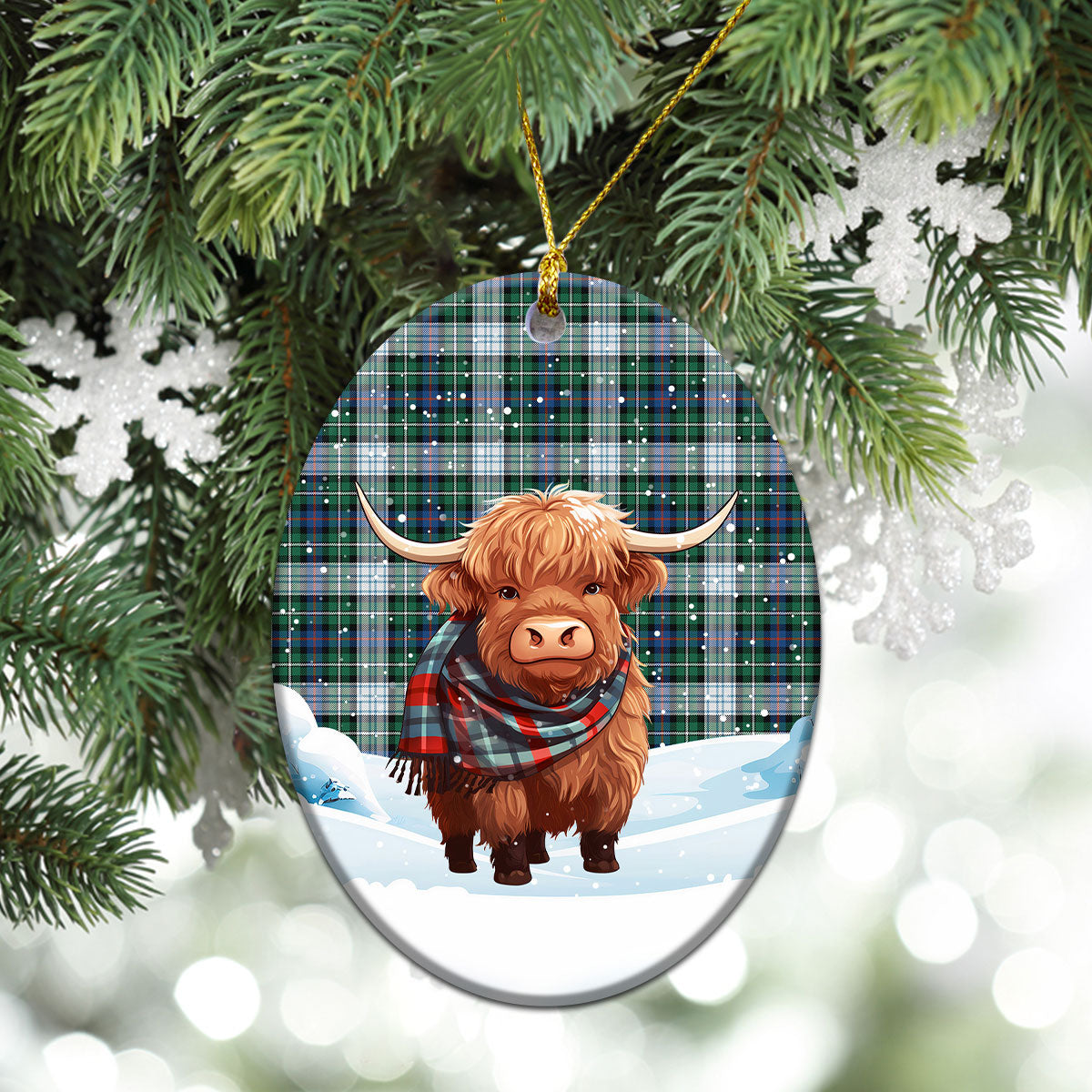 MacKenzie Dress Ancient Tartan Christmas Ceramic Ornament - Highland Cows Snow Style