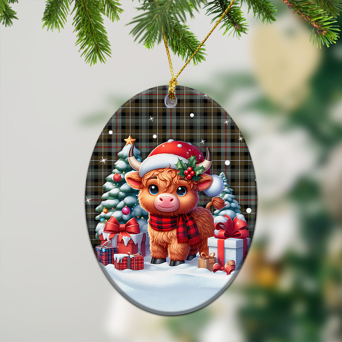 MacKenzie Weathered Tartan Christmas Ceramic Ornament - Highland Cow Winter Style