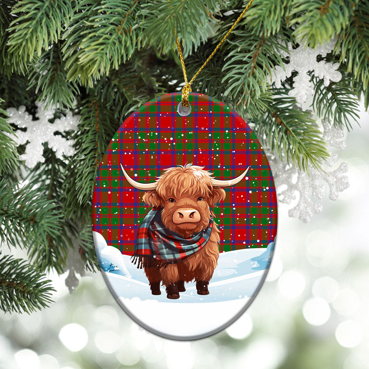 MacKintosh Modern Tartan Christmas Ceramic Ornament - Highland Cows Snow Style