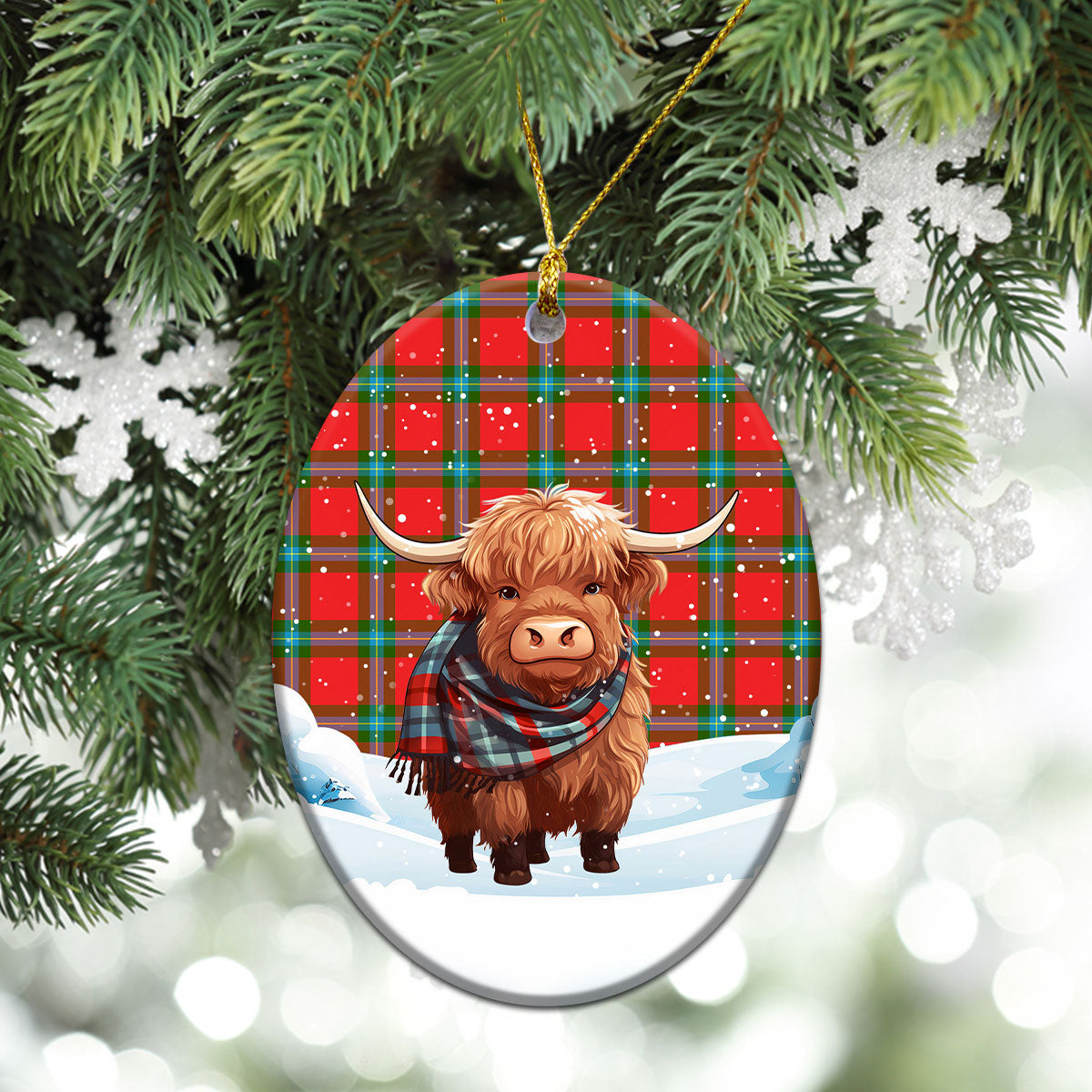 MacLaine of Loch Buie Tartan Christmas Ceramic Ornament - Highland Cows Snow Style