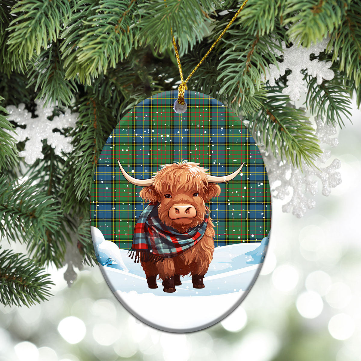 MacMillan Hunting Ancient Tartan Christmas Ceramic Ornament - Highland Cows Snow Style