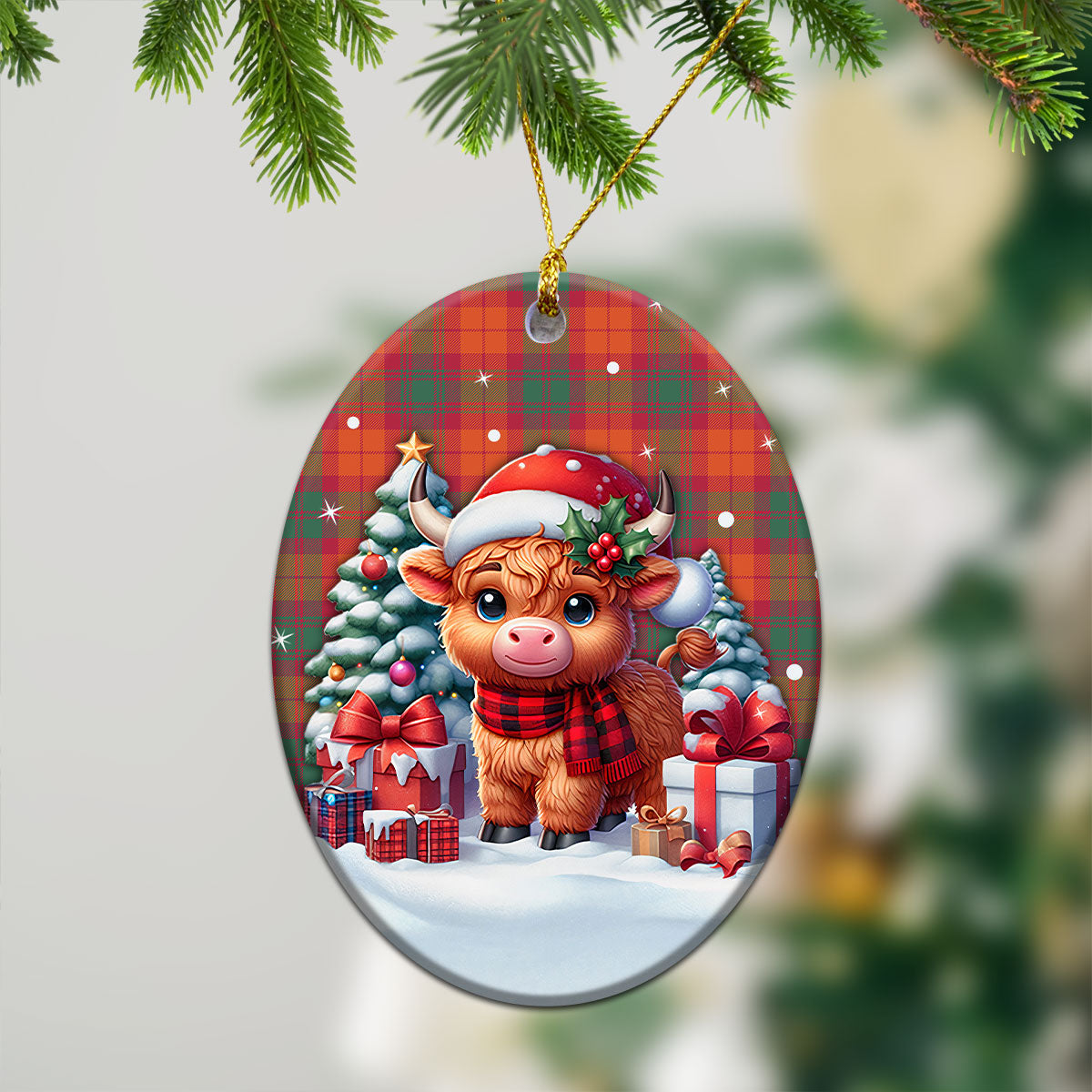 MacNab Ancient Tartan Christmas Ceramic Ornament - Highland Cow Winter Style