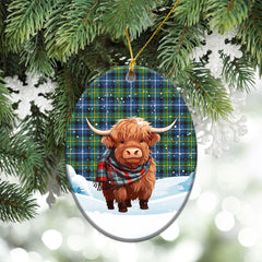 MacNeil of Barra Ancient Tartan Christmas Ceramic Ornament - Highland Cows Snow Style