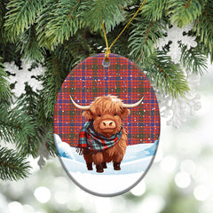 MacRae Ancient Tartan Christmas Ceramic Ornament - Highland Cows Snow Style