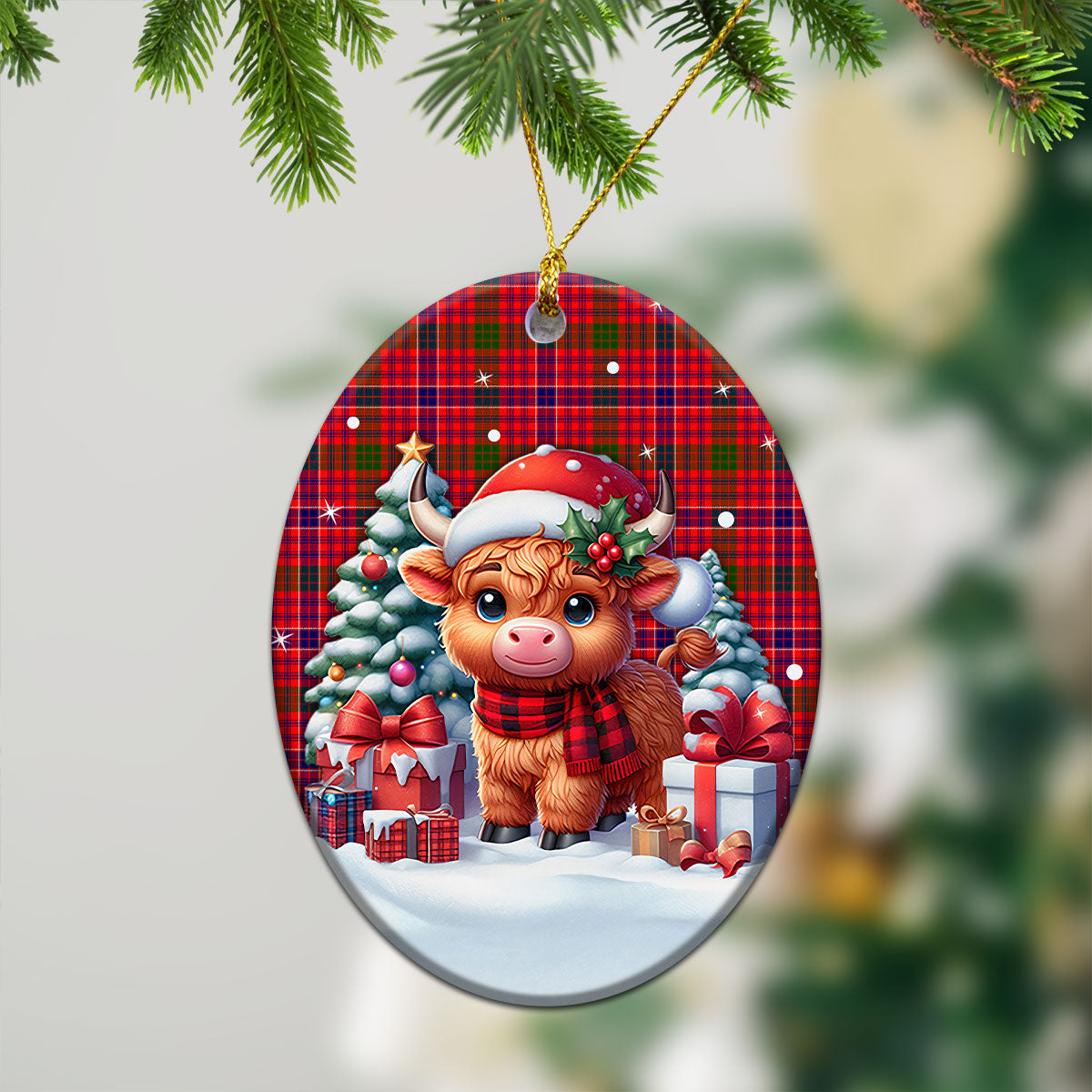 MacRae Modern Tartan Christmas Ceramic Ornament - Highland Cow Winter Style