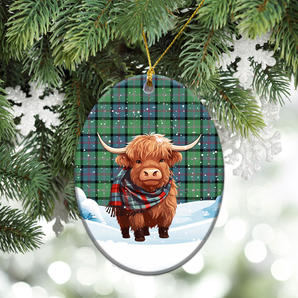 MacThomas Ancient Tartan Christmas Ceramic Ornament - Highland Cows Snow Style