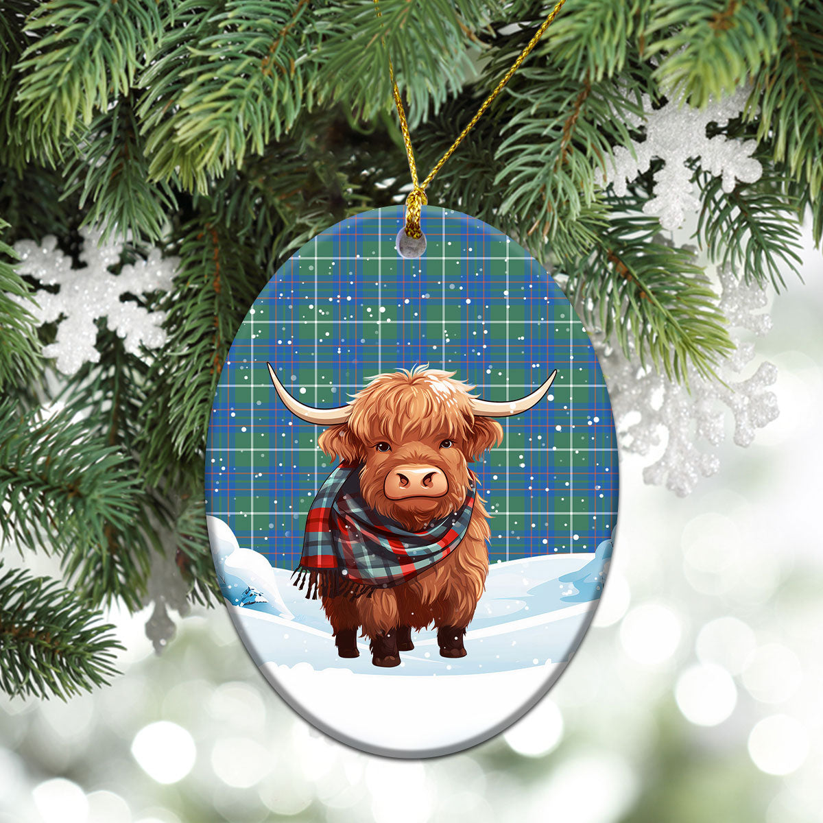 McIntyre Hunting Ancient Tartan Christmas Ceramic Ornament - Highland Cows Snow Style