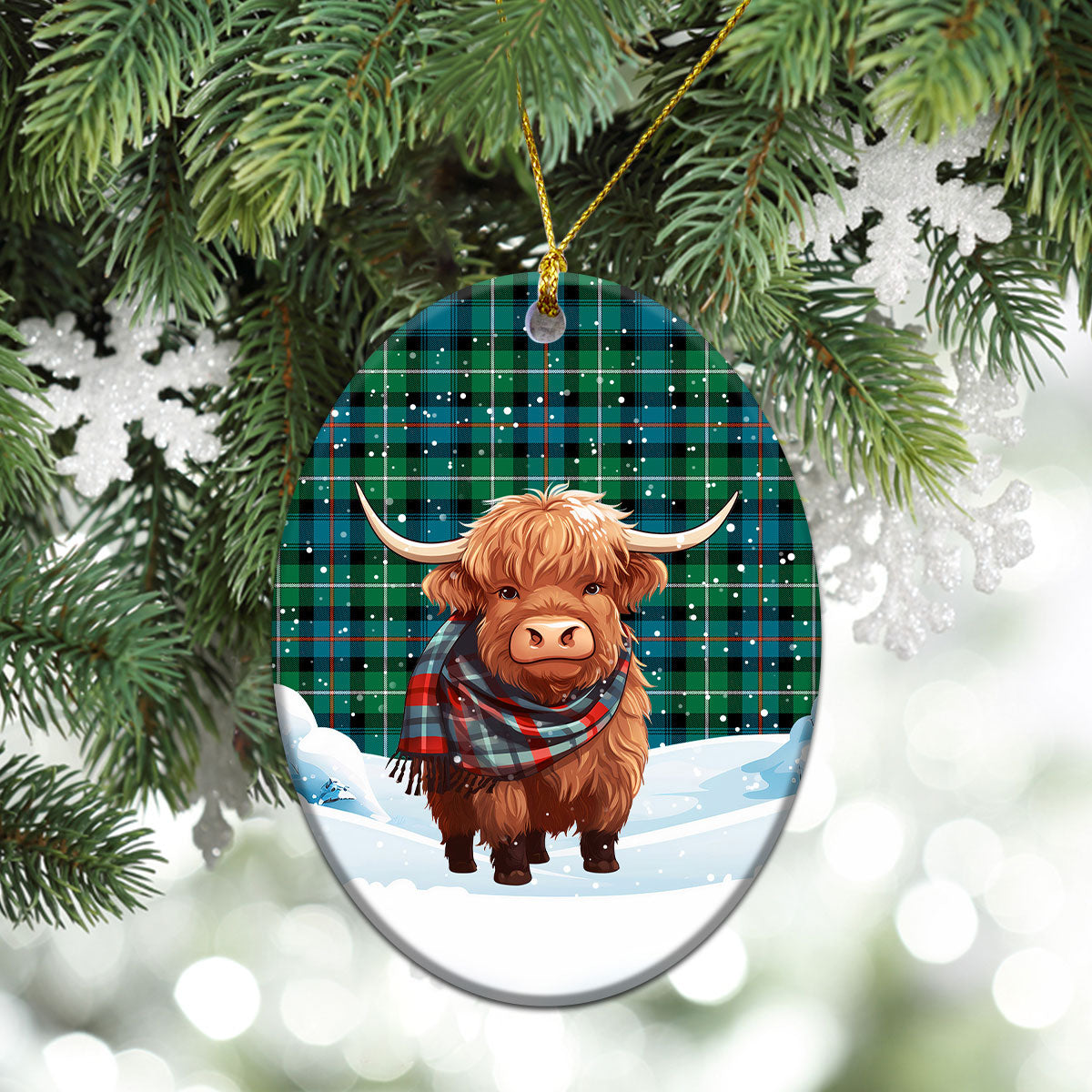 McKenzie Ancient Tartan Christmas Ceramic Ornament - Highland Cows Snow Style