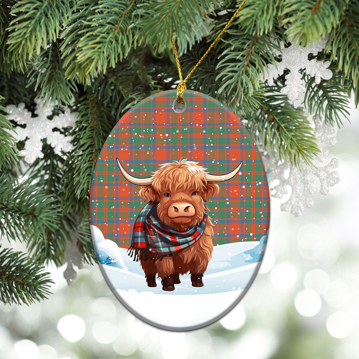 McKintosh Ancient Tartan Christmas Ceramic Ornament - Highland Cows Snow Style