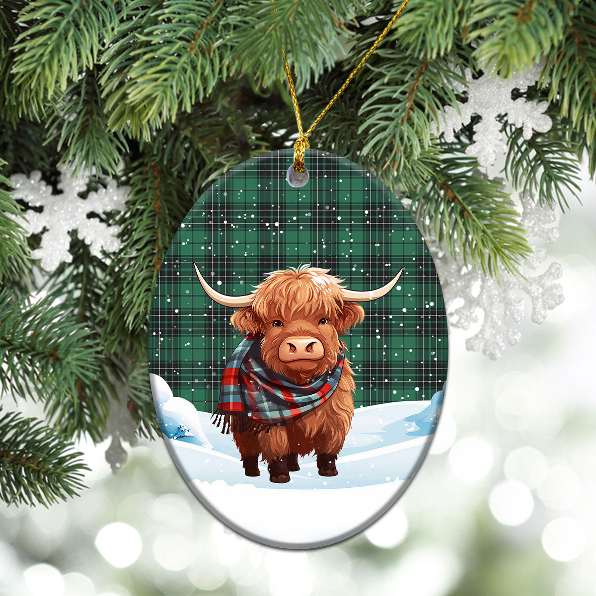 McLean Hunting Ancient Tartan Christmas Ceramic Ornament - Highland Cows Snow Style