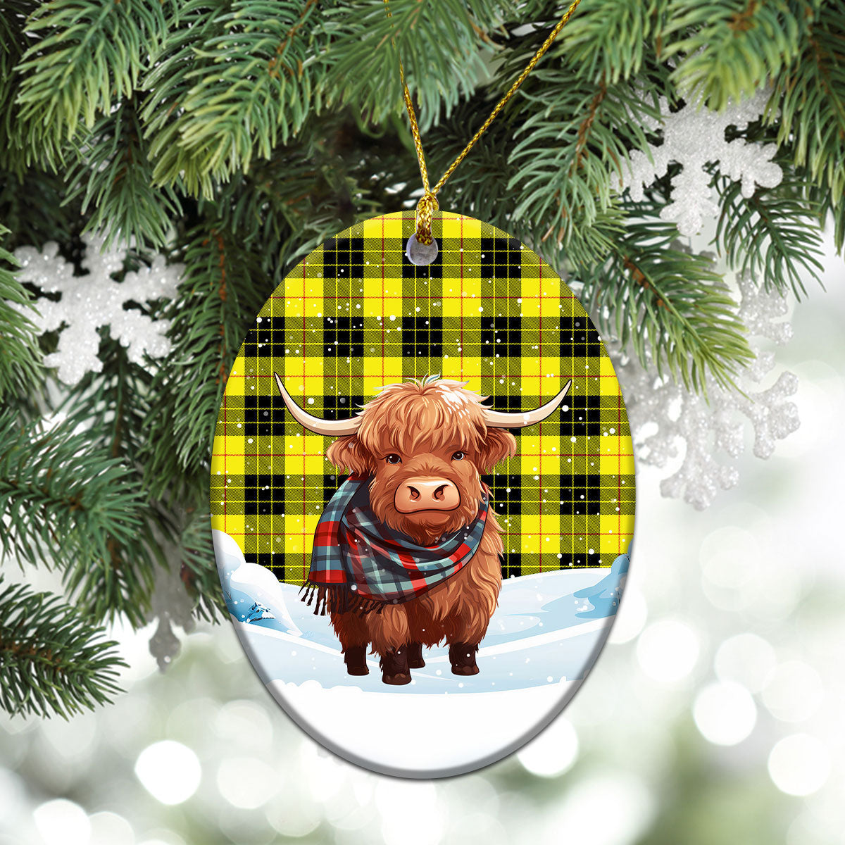 McLeod of Lewis Modern Tartan Christmas Ceramic Ornament - Highland Cows Snow Style