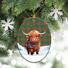 Menzies Green Ancient Tartan Christmas Ceramic Ornament - Highland Cows Snow Style