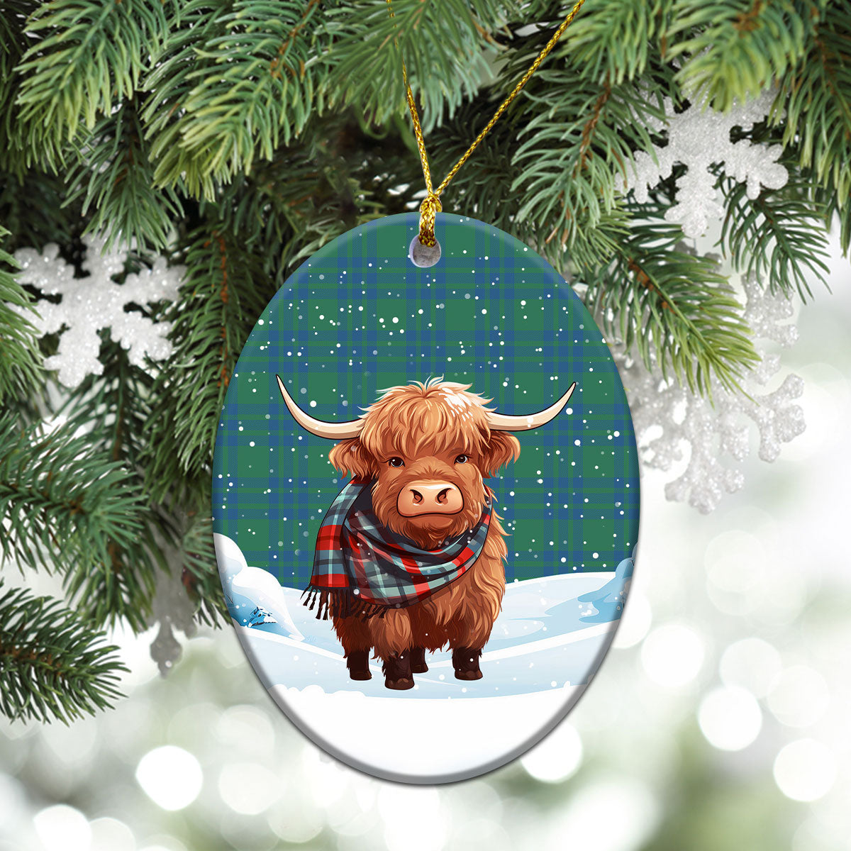 Montgomery Ancient Tartan Christmas Ceramic Ornament - Highland Cows Snow Style