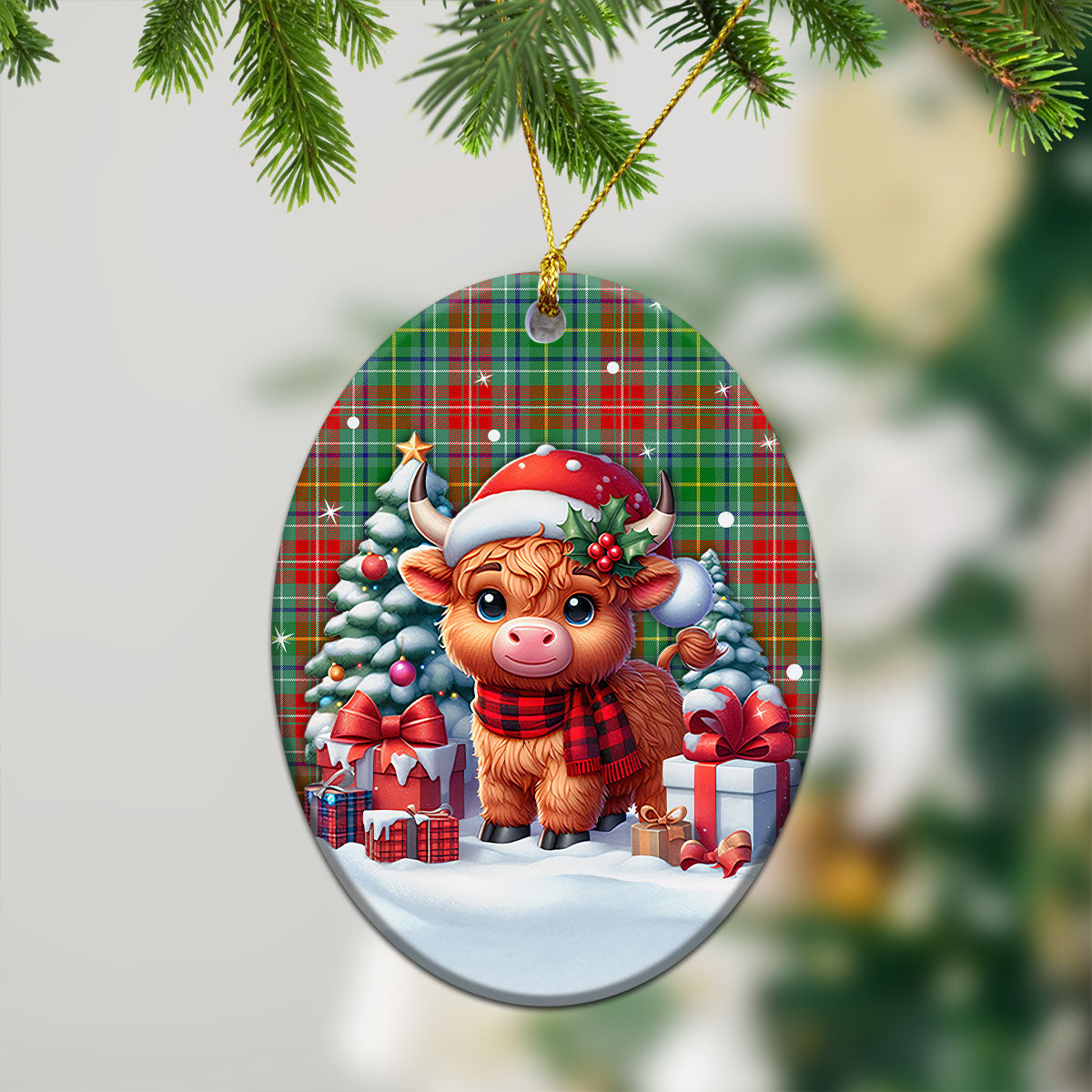 Muirhead Tartan Christmas Ceramic Ornament - Highland Cow Winter Style