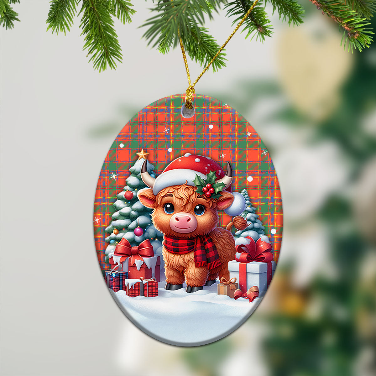 Munro Ancient Tartan Christmas Ceramic Ornament - Highland Cow Winter Style