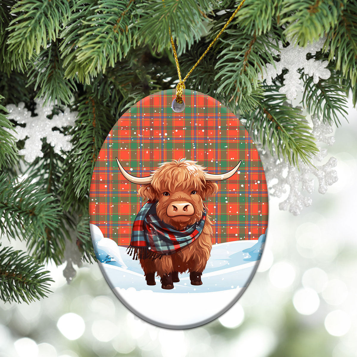 Munro Ancient Tartan Christmas Ceramic Ornament - Highland Cows Snow Style