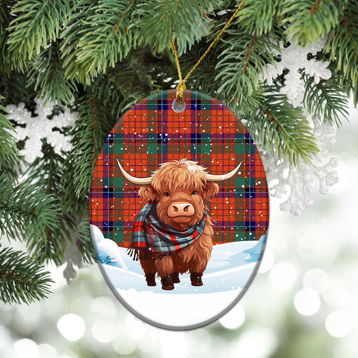 Nicolson Ancient Old Tartan Christmas Ceramic Ornament - Highland Cows Snow Style