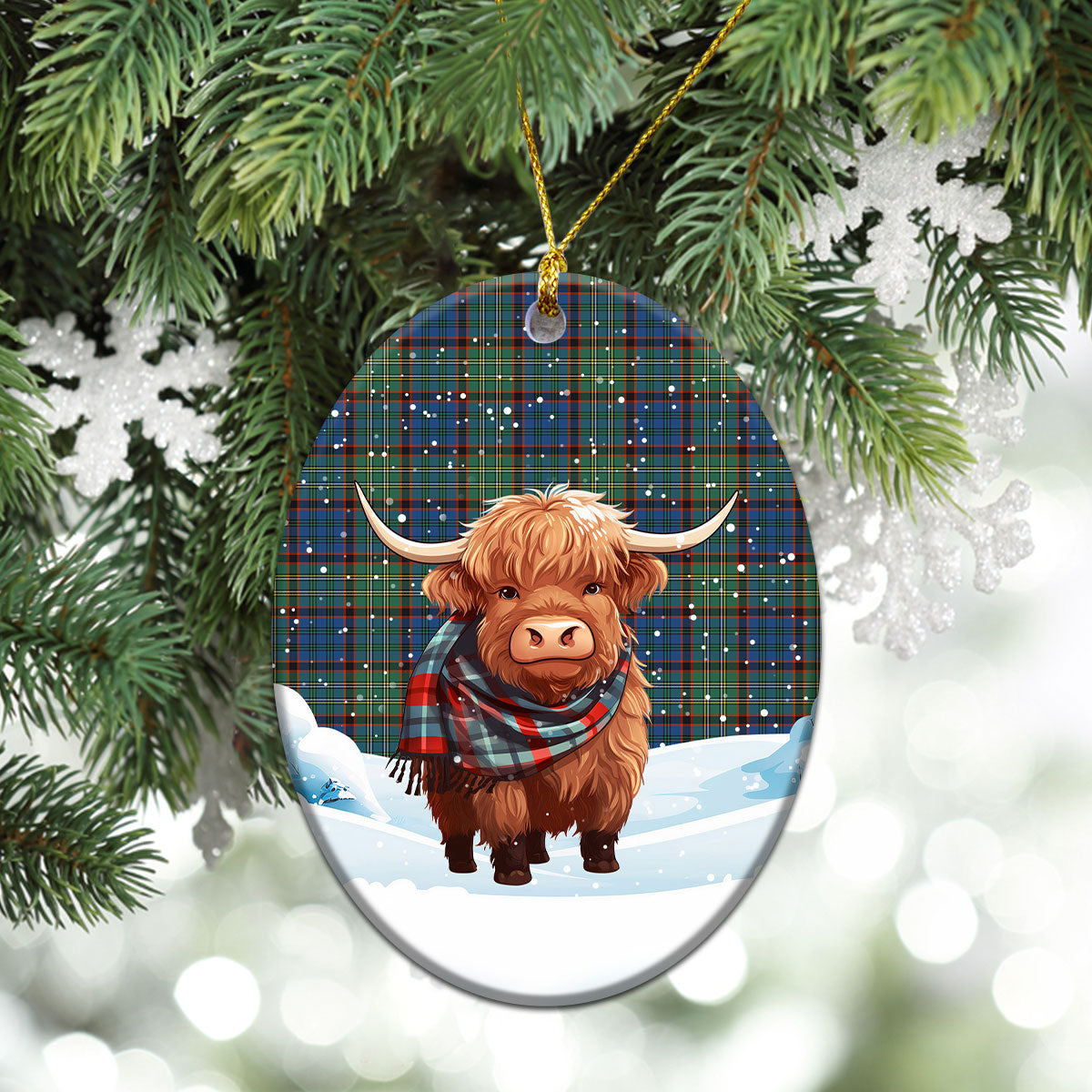 Nicolson Hunting Ancient Tartan Christmas Ceramic Ornament - Highland Cows Snow Style