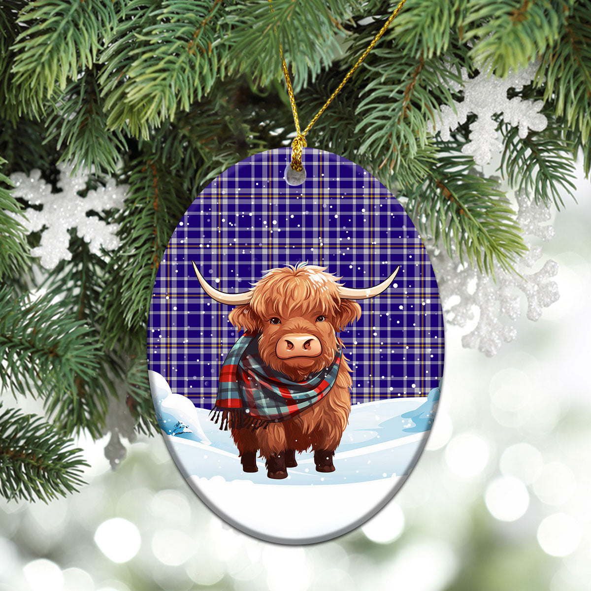 Ochterlony Tartan Christmas Ceramic Ornament - Highland Cows Snow Style