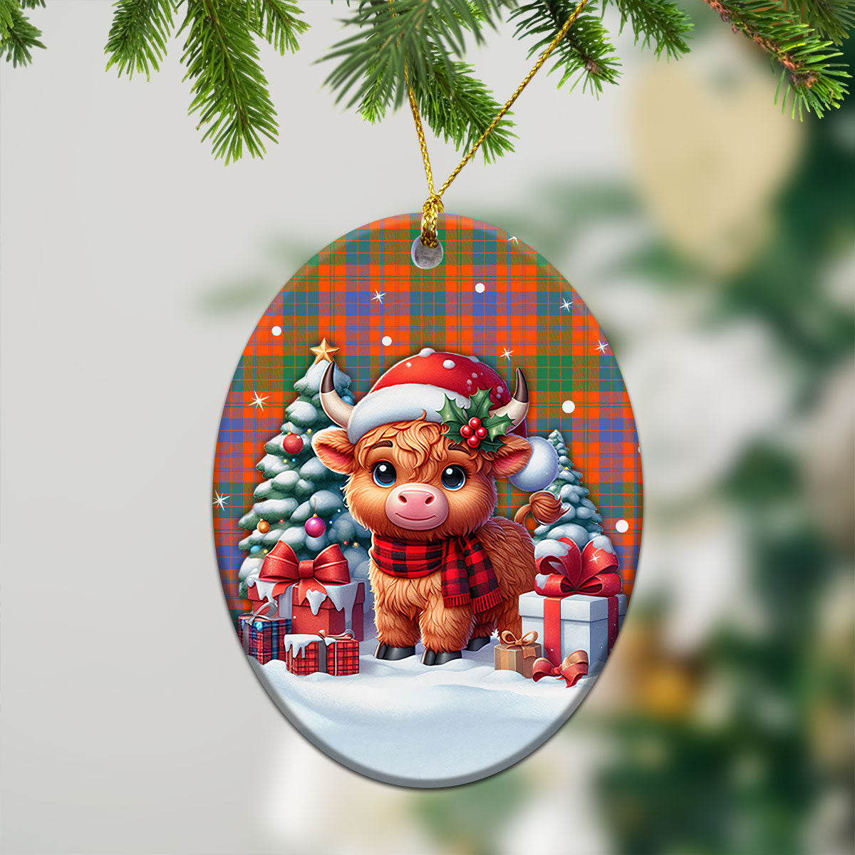 Ross Ancient Tartan Christmas Ceramic Ornament - Highland Cow Winter Style